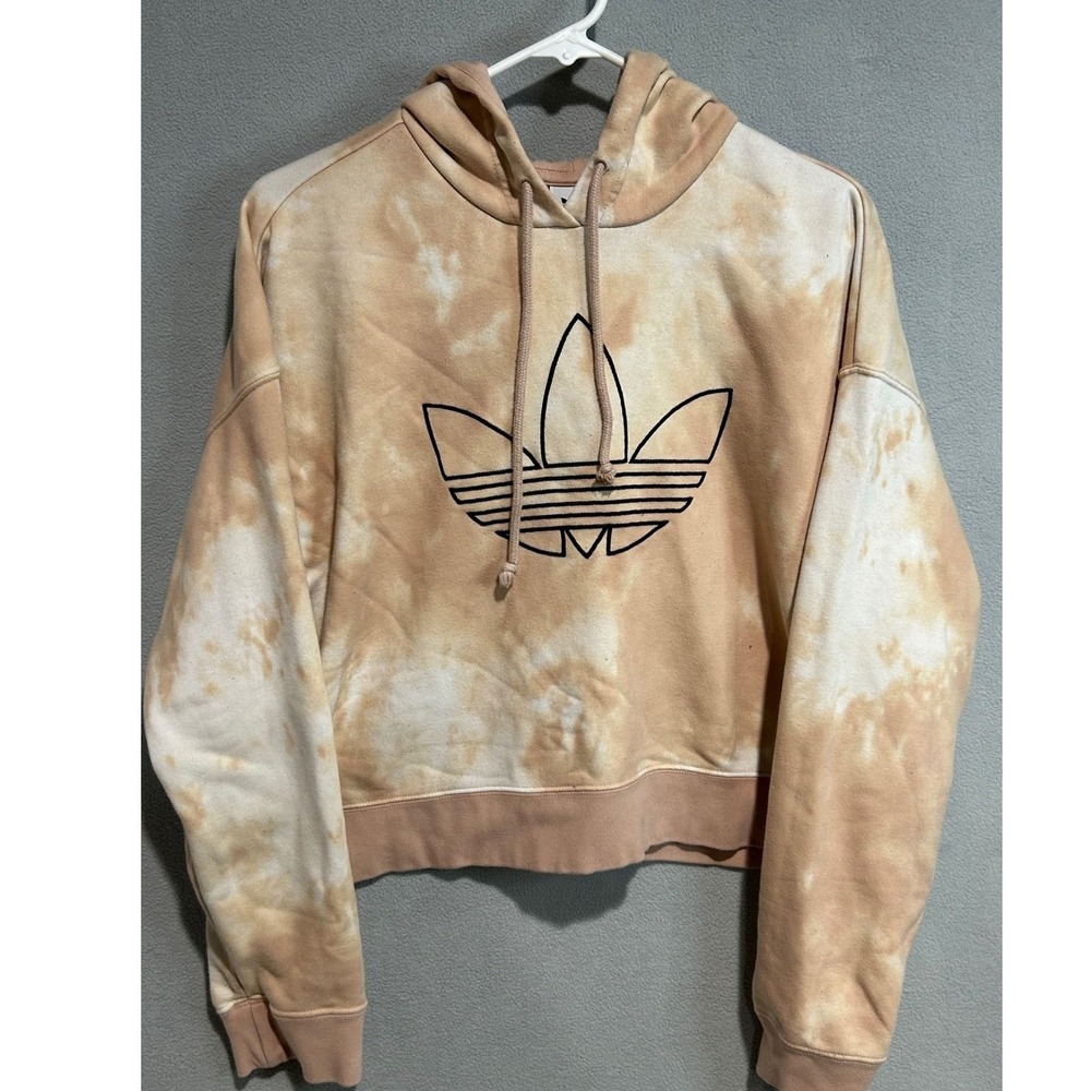 Adidas Tie Dye Hoodie Womens Large Tan Excellent Cropped Trefoil Pullover